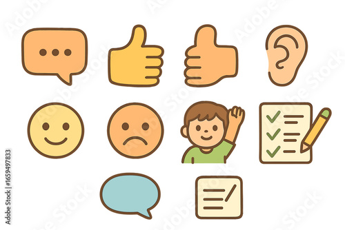 Feedback Icons Grid. Flat vector mini-illustrations listening for feedback in colors children's illustrations: comment bubble,