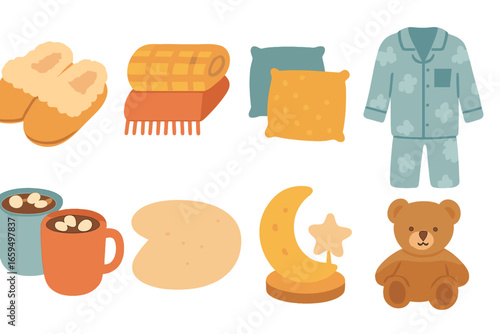 Cozy Movie Night Icons. Flat vector mini-illustrations movie night comfort in colors children's illustrations: fuzzy slippers,