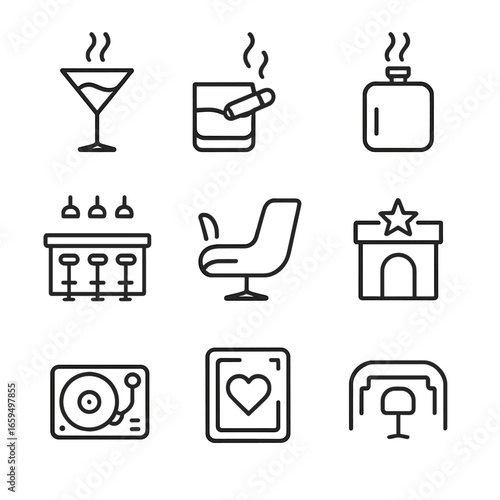 Smoky Drinks Icons. Outline icon set of smoky drinks and nightlife: cocktail glass with smoke, whiskey glass, cigar and drink,