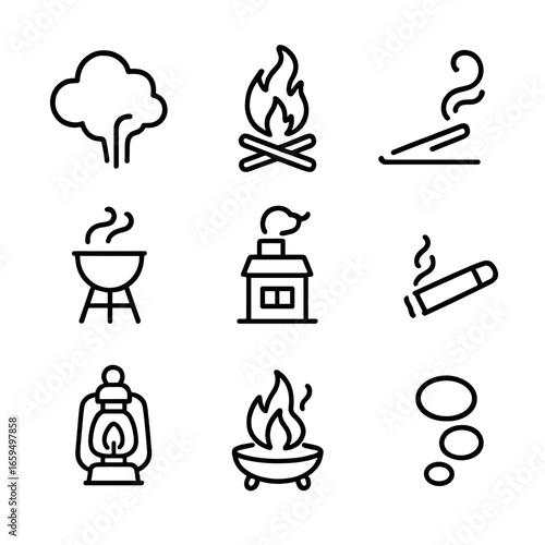 Smoky Icon Set. Outline icon set of smoky elements: smoke cloud, campfire, incense stick, barbecue grill, smoking chimney, cigar,