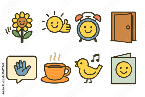 Festive and Morning Icons. Flat vector mini-illustrations Holiday gift exchanges in colors children's illustrations: wrapped