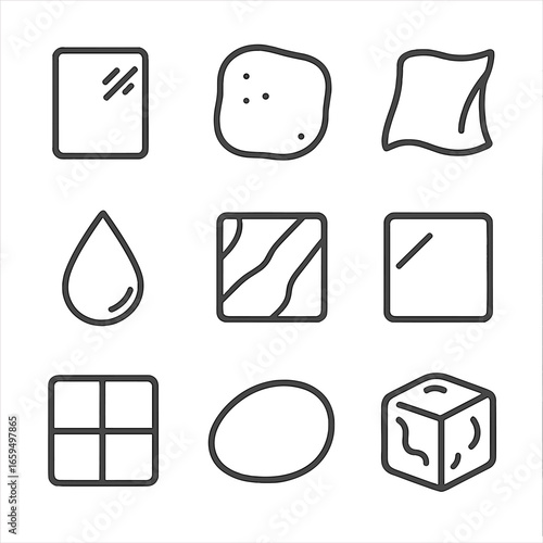 Smooth Surface Icons. Outline icon set of smooth surfaces: glass pane, polished stone, silk fabric, water droplet, marble slab,