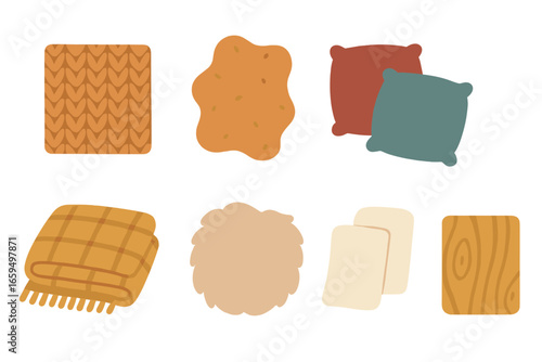 Cozy Textured Icons. Flat vector mini-illustrations cozy textures in colors children's illustrations: knitted fabric, fleece,