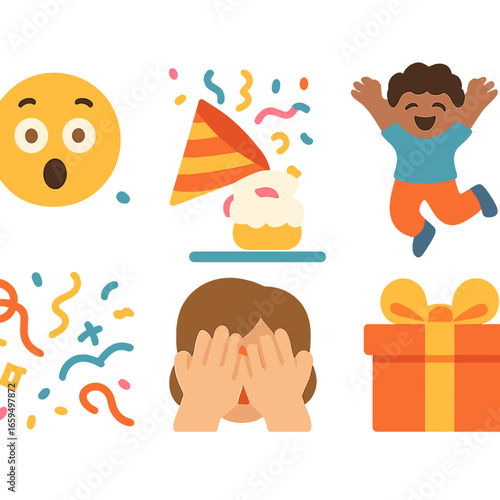 Birthday Surprise Icons. Flat vector mini-illustrations surprise birthday moment in colors children's
