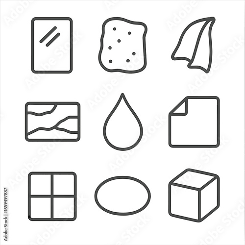 Smooth Surface Icons. Outline icon set of smooth surfaces: glass pane, polished stone, silk fabric, water droplet, marble slab,
