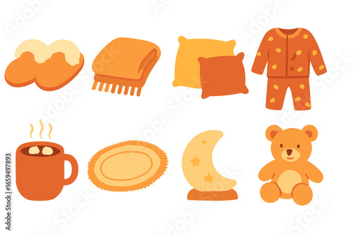 Cozy Movie Night Icons. Flat vector mini-illustrations movie night comfort in colors children's illustrations: fuzzy slippers,