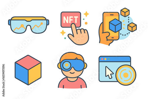 Blockchain AR Icons Grid. Flat vector mini-illustrations augmented blockchain experiences in colors children's