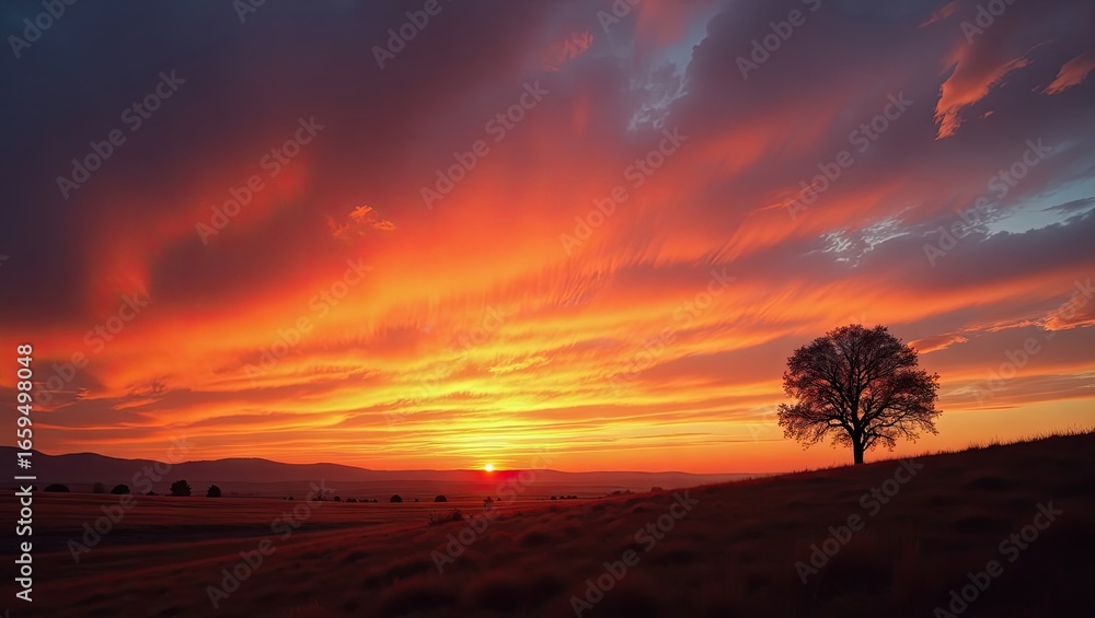 Obraz premium A solitary tree silhouetted against a vibrant sunset paints a breathtaking scene of a golden, fiery sky over a vast, open landscape.
