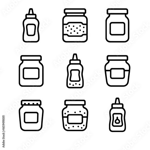 Sour Cream Mustard Icons. Outline icon set of sour cream packaging: plastic tub, foil lid, label, spoon, dairy carton, glass jar,