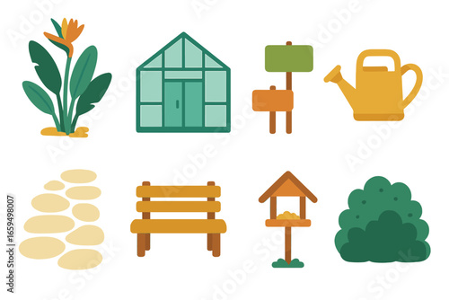 Botanical Garden Icons. Flat vector mini-illustrations botanical garden planning in colors children's