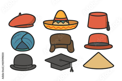 Cultural Hats Grid. Flat vector mini-illustrations cultural hats in colors children's illustrations: beret, sombrero, turban, fez,