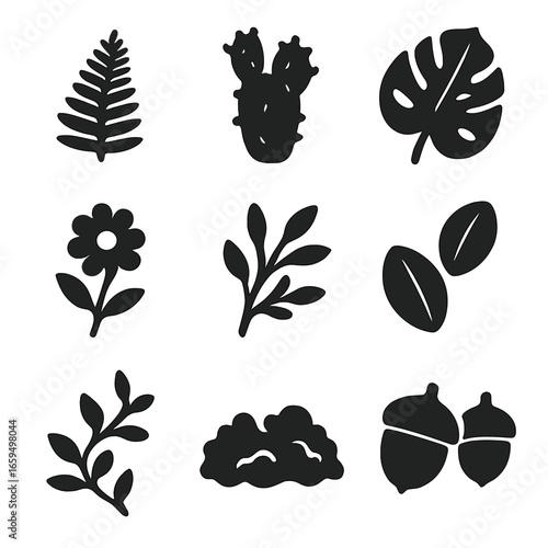Botanical Icon Grid. Solid, filled icons set of botanical illustrations in design: ferns, cacti, tropical