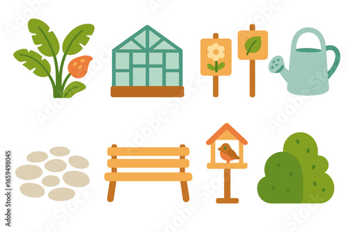 Botanical Garden Icons. Flat vector mini-illustrations botanical garden planning in colors children's