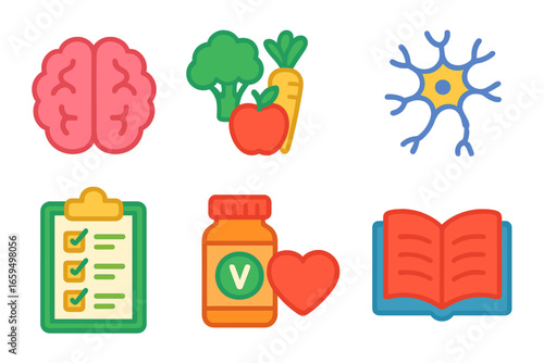 Brain Nutrition Icons. Flat vector mini-illustrations Nutrition for brain recovery in colors children's