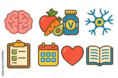 Brain Nutrition Icons. Flat vector mini-illustrations Nutrition for brain recovery in colors children's