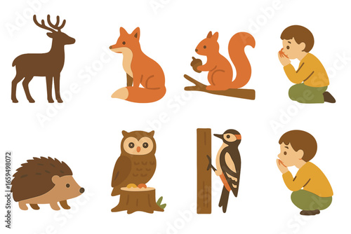 Forest Animals for Kids. Flat vector mini-illustrations forest wildlife inhabitants in colors children's illustrations: deer