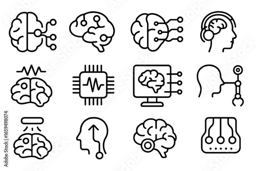 Brain-Computer Interface Icons. Outline vector icons of brain-computer interface: neural link, sensors, data