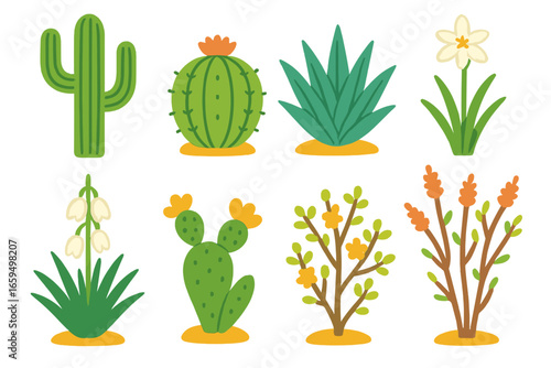 Desert Plant Icons. Flat vector mini-illustrations desert plants in colors children's illustrations: saguaro cactus, barrel cactus