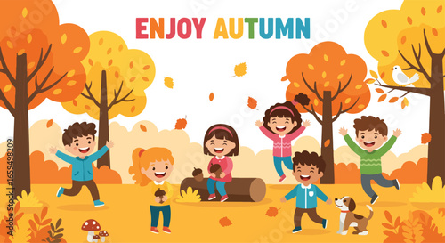 Adobe illustrator artwork vector illustration. Four happy children enjoying autumn in a park with colorful trees, falling leaves, a dog, and the text "ENJOY AUTUMN" at the top.