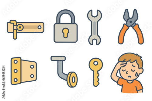 Garage Door Tools. Flat vector mini-illustrations garage door lock fix in colors children's illustrations: garage door latch,