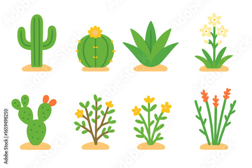Desert Plant Icons. Flat vector mini-illustrations desert plants in colors children's illustrations: saguaro cactus, barrel cactus