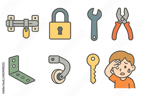 Garage Door Tools. Flat vector mini-illustrations garage door lock fix in colors children's illustrations: garage door latch,