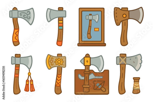 Decorative Axe Icons. Flat vector mini-illustrations axe decoration in colors children's illustrations: engraved blade, painted