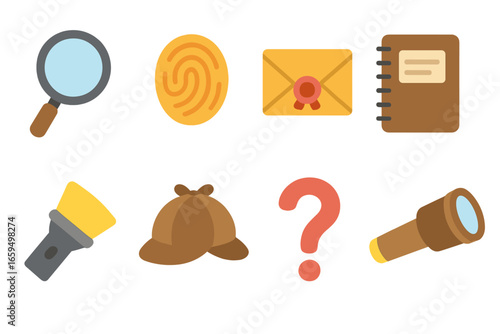 Detective Tools Icons. Flat vector mini-illustrations detective discovery in colors children's illustrations: magnifying glass,