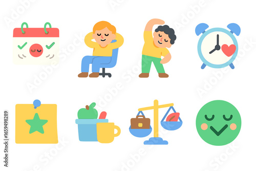 Burnout Prevention Icons. Flat vector mini-illustrations preventing burnout at work in colors children's