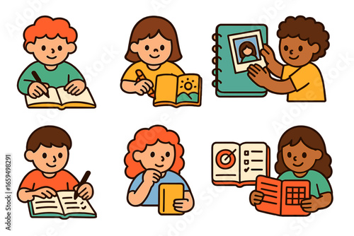 Diary Activities for Kids. Flat vector mini-illustrations diary keeping habits in colors children's illustrations: daily writing,