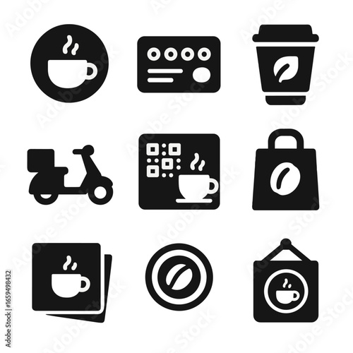 Café Branding Icons. Solid, filled icons set of local café branding: café logo, loyalty card, eco cup icon,