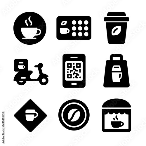 Café Branding Icons. Solid, filled icons set of local café branding: café logo, loyalty card, eco cup icon,