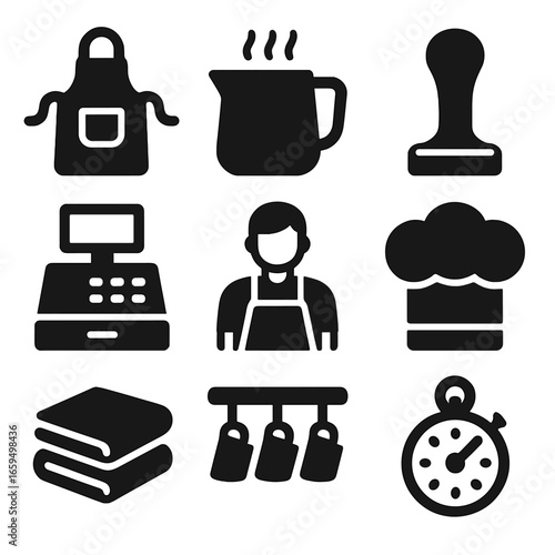 Café Tools Icons. Solid, filled icons set of café staff and tools: barista apron, steaming pitcher, tamper,