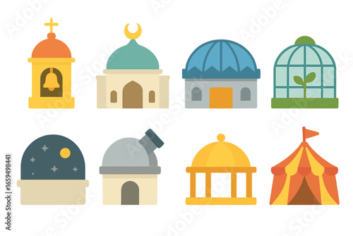 Diverse Dome Icons. Flat vector mini-illustrations dome uses in colors children's illustrations: church bell tower dome, mosque