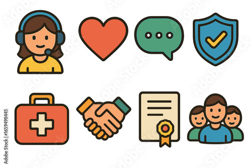 Gig Worker Support Icons. Flat vector mini-illustrations Gig worker support in colors children's illustrations: help desk headset,