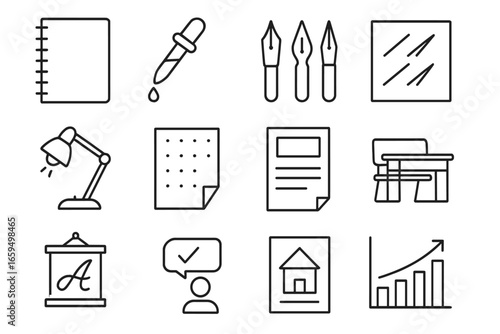 Calligraphy Class Icons. Outline icon set of calligraphy class supplies: calligraphy notebook, ink dropper,
