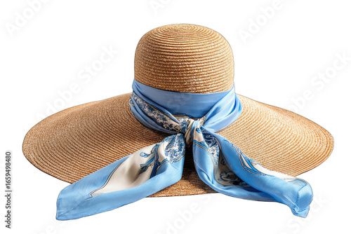 Wide-brimmed straw hat with light blue scarf