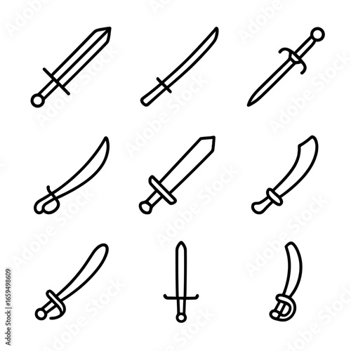 Sword Icon Collection. Outline icon set of sword types: longsword, katana, rapier, scimitar, broadsword, falchion, saber, claymore