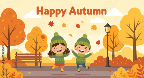 Adobe illustrator artwork vector illustration. Two joyful children in winter hats and scarves playing amidst falling leaves in a park with "Happy Autumn" text, benches, and streetlights