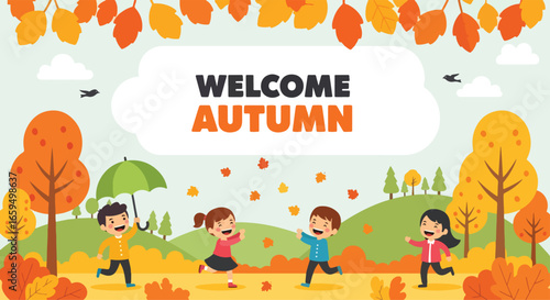 Adobe illustrator artwork vector illustration. Cheerful children playing in a bright autumn landscape with falling leaves, colorful trees, and a "Welcome Autumn" message on a cloud. 
