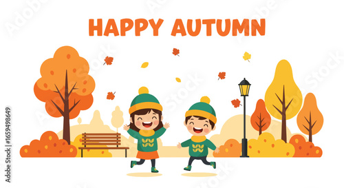 Adobe illustrator artwork vector illustration. Two joyful children in winter hats and scarves playing amidst falling leaves in a park with "Happy Autumn" text, benches, and streetlights