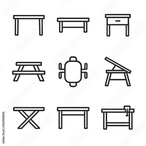 Table Icons Set. Outline icon set of table types: dining table, coffee table, bedside table, picnic table, conference table,