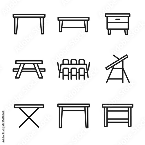 Table Icons Set. Outline icon set of table types: dining table, coffee table, bedside table, picnic table, conference table,