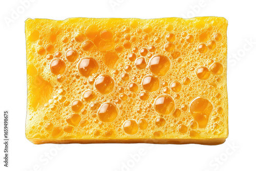 Close-up of a yellow sponge, covered in soapy bubbles
