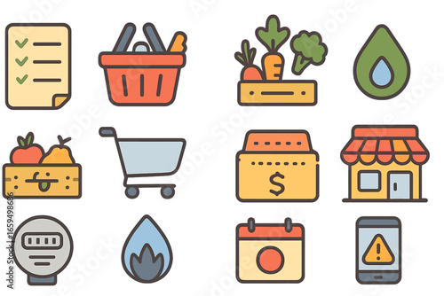 Grocery and Utility Icons. Flat vector mini-illustrations Grocery shopping plan in colors children's illustrations: shopping list,