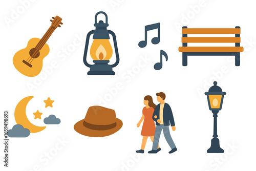 Guitar Serenade at Dusk. Flat vector mini-illustrations Guitar serenade at dusk in colors children's illustrations: acoustic
