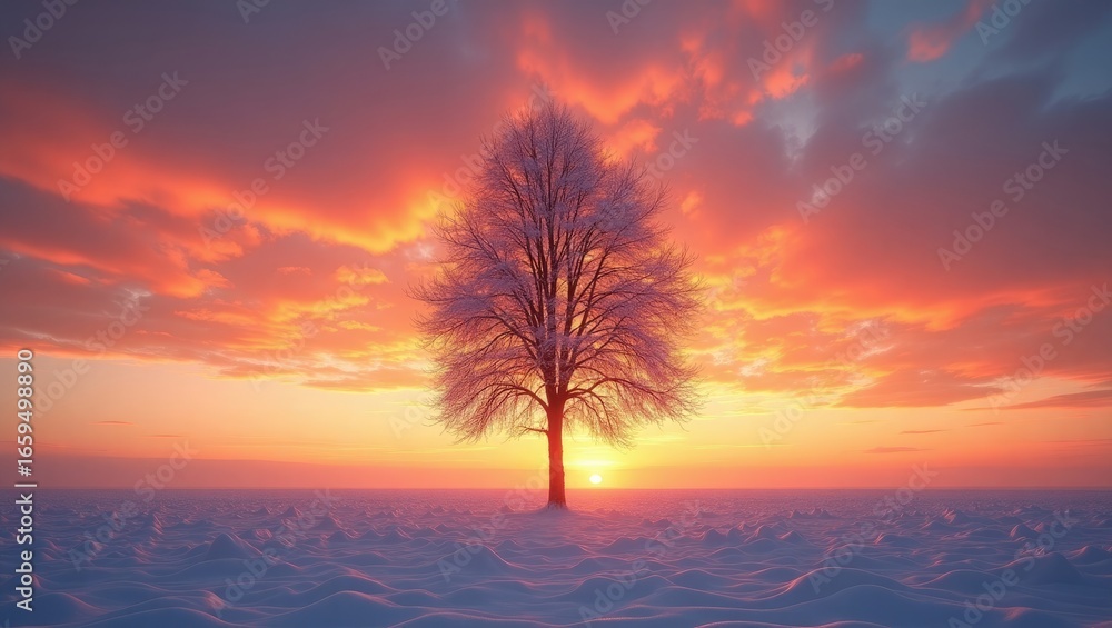Obraz premium A lone, frosted tree stands sentinel against a breathtaking winter sunset, bathed in vibrant hues of orange and pink.