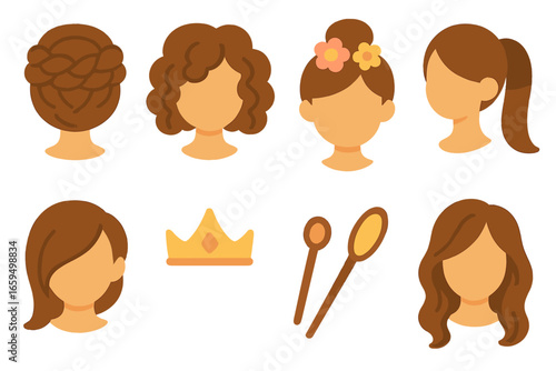 Elegant Hair Icons. Flat vector mini-illustrations elegant hairstyles in colors children's illustrations: braided updo, curls, bun