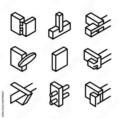 Timber Joinery Icon Set. Outline icon set of timber joinery techniques: dovetail joint, mortise and tenon, lap joint, biscuit