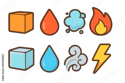 Element States Grid. Flat vector mini-illustrations element states in colors children's illustrations: solid block, liquid drop,